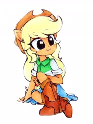 Size: 2261x3015 | Tagged: safe, artist:liaaqila, derpibooru import, part of a set, applejack, human, equestria girls, boots, chibi, cowboy boots, cowboy hat, cute, doll, equestria girls minis, eye clipping through hair, eyebrows, eyebrows visible through hair, female, hat, high res, jackabetes, pony ears, shoes, signature, simple background, sitting, smiling, solo, toy, toy interpretation, traditional art, watercolor painting, white background