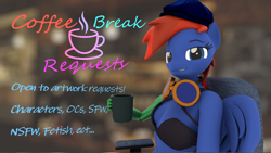 Size: 1920x1083 | Tagged: safe, artist:kamimation, derpibooru import, oc, oc:kam pastel, anthro, pegasus, 3d, advertisement, amputee, background, breasts, chair, coffee, coffee mug, folded wings, goggles, hat, looking at you, mug, prosthetic arm, prosthetic limb, prosthetics, smug, solo, text, wings