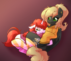 Size: 3080x2672 | Tagged: safe, artist:witchtaunter, derpibooru import, oc, oc only, oc:elegy, oc:veen sundown, pegasus, pony, unicorn, clothes, commission, cuddling, cute, duo, duo female, ear piercing, earring, ears, eyes closed, female, floppy ears, gradient background, happy, hoodie, horn, hug, jewelry, looking at someone, lying down, lying on top of someone, mare, on back, on top, pegasus oc, piercing, smiling, snuggling, socks, striped socks, sundown clan, unicorn oc, wing piercing, wings