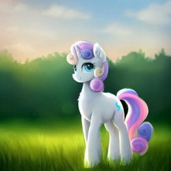 Size: 768x768 | Tagged: safe, derpibooru import, generator:purplesmart.ai, generator:stable diffusion, machine learning generated, pony, unicorn, chest fluff, female, field, mare, not sweetie belle, solo