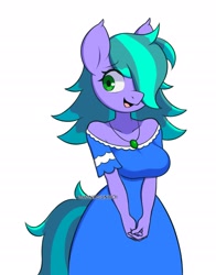 Size: 1800x2300 | Tagged: safe, artist:handgunboi, derpibooru import, anthro, earth pony, blue dress, clothes, commission, dress, female, hair over one eye, jewelry, mare, necklace, open mouth, open smile, shoulderless, simple background, smiling, solo, white background