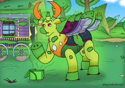 Size: 2283x1614 | Tagged: safe, artist:sparkbolt3020, derpibooru import, thorax, changedling, changeling, transformation, transformation sequence, trixie's wagon, wagon