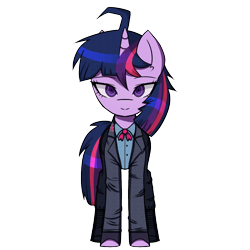 Size: 1000x1000 | Tagged: safe, artist:menalia, derpibooru import, twilight sparkle, unicorn twilight, pony, unicorn, ahoge, boots, bowtie, clothes, danganronpa, fingerless gloves, gloves, horn, pants, shirt, shoes, simple background, solo, style emulation, suit, transparent background