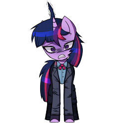 Size: 1000x1000 | Tagged: safe, artist:menalia, derpibooru import, twilight sparkle, unicorn twilight, pony, unicorn, ahoge, boots, bowtie, clothes, danganronpa, fingerless gloves, gloves, horn, pants, scared, shirt, shoes, simple background, solo, style emulation, suit, transparent background