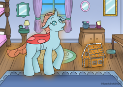 Size: 2283x1614 | Tagged: safe, artist:sparkbolt3020, derpibooru import, ocellus, changedling, changeling, bed, bedroom, gingerbread (food), gingerbread house, lamp, stool, story in the source, transformation, transformation sequence, wagon