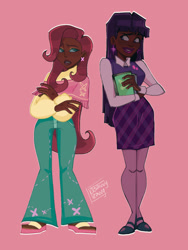 Size: 1536x2048 | Tagged: safe, artist:asavvyzavvy, derpibooru import, fluttershy, twilight sparkle, human, abstract background, clothes, cutie mark on clothes, dark skin, duo, female, females only, humanized, looking at each other, looking at someone, pink background, sandals, shoes, simple background, skirt, sweater vest, tan skin