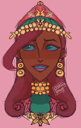 Size: 1035x1633 | Tagged: safe, artist:asavvyzavvy, derpibooru import, fluttershy, human, algerian, bust, dark skin, ear piercing, earring, female, humanized, jewelry, looking sideways, necklace, piercing, pink background, portrait, simple background, smiling, solo