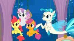 Size: 1280x720 | Tagged: safe, derpibooru import, edit, apple bloom, scootaloo, sweetie belle, terramar, earth pony, pegasus, seapony (g4), unicorn, season 8, surf and/or turf, spoiler:s08, animated, belly button, cup, cute, cutie mark crusaders, dorsal fin, female, filly, fin wings, fins, fish tail, flowing mane, flowing tail, foal, gif, happy, jewelry, male, necklace, open mouth, pearl, pearl necklace, sea-mcs, seaponified, seapony apple bloom, seapony scootaloo, seapony sweetie belle, seaquestria, smiling, species swap, swimming, table, tail, underwater, water, wings