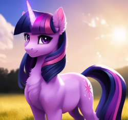Size: 1200x1128 | Tagged: safe, derpibooru import, generator:purplesmart.ai, generator:stable diffusion, machine learning generated, twilight sparkle, unicorn twilight, pony, unicorn, blurry background, chest fluff, ear fluff, ears, female, looking at you, mare, outdoors, smiling, smiling at you, solo