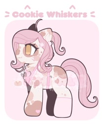 Size: 851x1026 | Tagged: safe, artist:bunxl, derpibooru import, oc, oc only, oc:cookie whiskers, earth pony, pony, :3, abstract background, adoptable, ahoge, apron, clothes, coat markings, female, ponytail, socks, solo, text, watermark