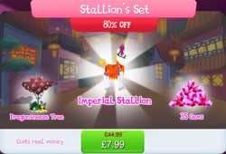 Size: 1266x860 | Tagged: safe, derpibooru import, earth pony, pony, bundle, bush, clothes, cloven hooves, costs real money, dragonsneeze, english, gameloft, gem, lunar new year, male, mobile game, my little pony: magic princess, numbers, official, sale, solo, solo focus, stallion, text, tree, unnamed character, unnamed pony