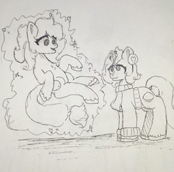 Size: 720x712 | Tagged: safe, artist:abble green, derpibooru import, oc, oc only, oc:abble green, oc:sagiri himoto, pony, unicorn, clothes, duo, glowing, glowing horn, horn, magic, monochrome, sweater, telekinesis, traditional art