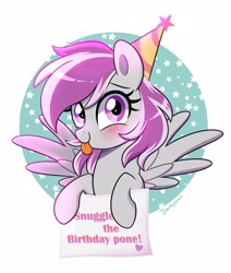 Size: 2200x2600 | Tagged: safe, artist:darkynez, derpibooru import, oc, oc only, pony, birthday, blushing, happy, hat, looking at you, party hat, raspberry, sign, smiling, solo, spread wings, tongue, tongue out, wings