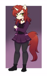 Size: 2000x3200 | Tagged: safe, artist:darkynez, derpibooru import, oc, oc only, anthro, plantigrade anthro, unicorn, boots, clothes, collar, crossed arms, eye clipping through hair, eyebrows, eyebrows visible through hair, jacket, leggings, lidded eyes, looking at you, shoes, skirt, solo