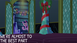 Size: 2000x1125 | Tagged: safe, derpibooru import, edit, edited screencap, editor:quoterific, screencap, twilight sparkle, twilight sparkle (alicorn), alicorn, pony, a hearth's warming tail, female, mare, open mouth, solo, string lights, twilight's castle