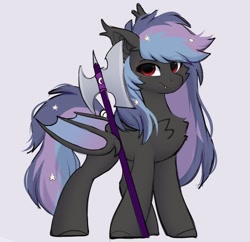 Size: 1320x1280 | Tagged: safe, artist:little-sketches, derpibooru import, oc, oc only, oc:stellar wind, bat pony, pony, bat pony oc, female, halberd, looking at you, simple background, smiling, smirk, solo, weapon, wing hold, wings