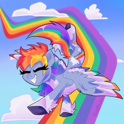Size: 2048x2048 | Tagged: safe, artist:plushtrapez, derpibooru import, rainbow dash, pegasus, pony, cloud, colored wings, colored wingtips, eyes closed, female, flying, grin, high res, mare, rainbow, redesign, signature, sky, smiling, solo, spread wings, wings