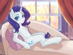 Size: 1000x750 | Tagged: safe, artist:lucid_dreams._., derpibooru import, machine learning assisted, rarity, pony, semi-anthro, unicorn, chest fluff, female, fluffy, looking at you, mare, pillow, sitting, sofa, solo, window
