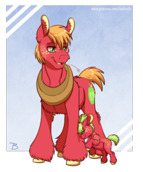 Size: 890x1071 | Tagged: safe, artist:inuhoshi-to-darkpen, derpibooru import, big macintosh, oc, oc:melrose, earth pony, pony, cheek fluff, ear fluff, ears, eyes closed, father and child, father and daughter, female, filly, foal, freckles, headbutt, leg fluff, male, parent and child, stallion