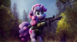 Size: 2560x1424 | Tagged: safe, derpibooru import, machine learning assisted, sweetie belle, pony, unicorn, bipedal, clothes, forest, gun, hind legs, military uniform, outdoors, solo, uniform, wallpaper, weapon