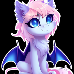 Size: 2048x2048 | Tagged: safe, derpibooru import, generator:stable diffusion, machine learning generated, bat pony, black background, chest fluff, chibi, ear fluff, ears, female, simple background, sitting, smiling, solo