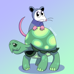 Size: 1000x1000 | Tagged: safe, artist:fruiitypieq, artist:shycookieq, derpibooru import, tank, tiberius, opossum, tortoise, duo, gradient background, male