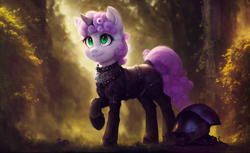 Size: 2816x1728 | Tagged: safe, derpibooru import, machine learning assisted, sweetie belle, pony, unicorn, armor, armored pony, forest, green eyes, leather, leather armor, solo, volumetric light, wallpaper