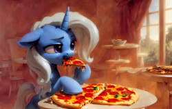 Size: 1984x1252 | Tagged: safe, derpibooru import, machine learning assisted, trixie, pony, unicorn, eating, food, indoors, pizza, solo, volumetric light, window