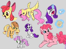 Size: 1200x900 | Tagged: safe, artist:qweakster, derpibooru import, apple bloom, applejack, fluttershy, pinkie pie, rarity, sweetie belle, sweetie bot, earth pony, pony, robot, robot pony, unicorn, crying, female, food, gray background, ice cream, simple background