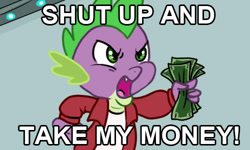 Size: 500x300 | Tagged: artist needed, safe, spike, dragon, angry, clothes, demanding, futurama, male, meme, money, ponified, ponified meme, shut up and take my money, text