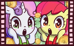 Size: 1005x637 | Tagged: safe, artist:fipoki, derpibooru import, apple bloom, sweetie belle, earth pony, pony, unicorn, blushing, coin, female, filly, film reel, foal, hooves on cheeks, looking at you, open mouth