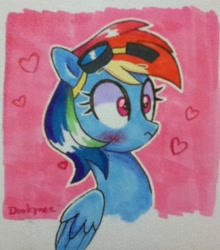 Size: 562x639 | Tagged: safe, artist:darkynez, derpibooru import, rainbow dash, pegasus, pony, blushing, goggles, heart, marker drawing, solo, traditional art, wavy mouth, wide eyes