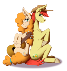 Size: 2540x2688 | Tagged: safe, artist:twotail813, derpibooru import, bright mac, pear butter, earth pony, pony, brightbutter, couple, female, guitar, male, musical instrument, shipping, simple background, sitting, smiling, straight, white background