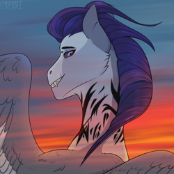 Size: 2048x2048 | Tagged: oc name needed, safe, artist:enderbee, derpibooru import, oc, pegasus, pony, blurry background, commission, looking at you, male, pegasus oc, simple background, smiling, smiling at you, stallion, sunrise, tattoo, wings