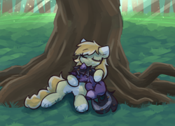 Size: 1922x1386 | Tagged: safe, artist:rivibaes, derpibooru import, oc, oc only, oc:orange cream, oc:rivibaes, pegasus, unicorn, female, filly, foal, mare, mother and child, mother and daughter, parent and child, pegasus oc, sleeping, snuggling, tree