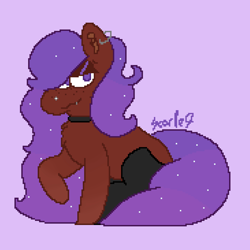 Size: 1280x1280 | Tagged: safe, artist:scarlet-gore, derpibooru import, oc, oc only, earth pony, pony, chest fluff, choker, clothes, curly hair, cute, ear fluff, ear piercing, ears, earth pony oc, fluffy, freckles, original art, original character do not steal, original style, piercing, purple background, purple eyes, purple hair, simple background, smiling, smirk, smug, socks, space, tail, tail wrap, thigh highs