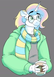 Size: 2040x2896 | Tagged: safe, artist:brewheardt, derpibooru import, oc, oc only, oc:lunar moon, anthro, clothes, coffee, glasses, gray background, scarf, simple background, solo, striped scarf