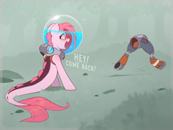 Size: 2822x2117 | Tagged: safe, artist:rexyseven, derpibooru import, oc, oc only, oc:koraru koi, pony, seapony (g4), absurd resolution, bubble, bubble helmet, digital art, dorsal fin, female, fish tail, grass, lying down, mare, open mouth, pink mane, red eyes, rock, solo, tail, teeth, water