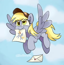 Size: 1398x1427 | Tagged: safe, artist:aanotherpony, derpibooru import, derpy hooves, pegasus, pony, cloud, cute, derpabetes, drawing, flying, hat, letter, mailmare, mouth hold, sky, smiling, spread wings, wings