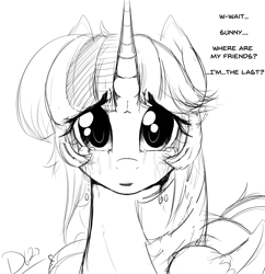 Size: 3000x3100 | Tagged: safe, artist:thelunarmoon, derpibooru import, twilight sparkle, twilight sparkle (alicorn), alicorn, pony, crying, dialogue, feels, implied sunny starscout, offscreen character, sad, simple background, sketch, solo, talking, white background