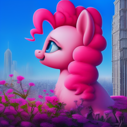 Size: 1024x1024 | Tagged: safe, derpibooru import, generator:stable diffusion, machine learning generated, pinkie pie, earth pony, pony, chest fluff, city, cityscape, female, flower, horizon, mare, side view, skyscraper, solo