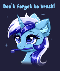 Size: 2818x3366 | Tagged: safe, artist:confetticakez, derpibooru import, minuette, pony, unicorn, brushie, brushie brushie, bust, chest fluff, cute, ear fluff, ears, female, mare, minubetes, mouth hold, portrait, smiling, solo, text, toothbrush