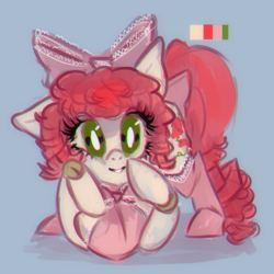 Size: 500x500 | Tagged: safe, artist:bunchi, derpibooru import, oc, oc:poppy doll, earth pony, pony, bow, bowtie, chest fluff, cleavage fluff, clothes, curly hair, cute, face down ass up, green eyes, hair bow, lace, long hair, long mane, long tail, looking at you, redesign, simple background, smiling, smiling at you, solo, stockings, tail, thigh highs