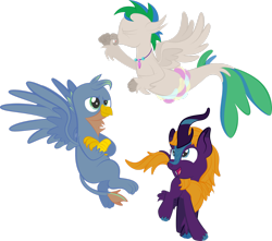 Size: 1920x1699 | Tagged: safe, artist:alexdti, derpibooru import, oc, oc:brainstorm (alexdti), oc:purple creativity, oc:star logic, griffon, hippogriff, kirin, seapony (g4), eyes closed, griffonized, hippogriffied, kirin-ified, open mouth, open smile, seaponified, simple background, smiling, species swap, transformation, transparent background