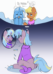 Size: 2092x2929 | Tagged: safe, artist:pledus, derpibooru import, ms. harshwhinny, trixie, oc, oc:strict talent, earth pony, pony, unicorn, blushing, clipping, clothes, commissioner:bigonionbean, crying, cutie mark, dialogue, female, fusion, fusion:strict talent, hat, horn, magic, magician outfit, mare, mirror, sad, scissors, shirt, shocked, sitting, thought bubble, writer:bigonionbean