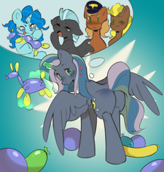 Size: 874x914 | Tagged: safe, artist:pledus, derpibooru import, compass star, evening star, party favor, thunderlane, oc, oc:wonder weather, alicorn, earth pony, pegasus, pony, unicorn, alicorn oc, balloon, commissioner:bigonionbean, cutie mark, dialogue, fusion, fusion:wonder weather, hat, horn, looking back, male, party balloon, shocked, stallion, thought bubble, wings, writer:bigonionbean