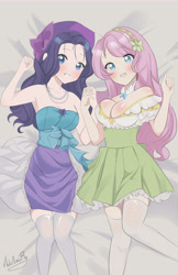 Size: 8533x13133 | Tagged: safe, artist:adrimikurg, derpibooru import, fluttershy, rarity, human, alternate hairstyle, bare shoulders, bed, blushing, breasts, choker, clothes, cute, dress, duo, female, flarity, grin, hairband, holding hands, hootershy, humanized, jewelry, lesbian, necklace, open mouth, raribetes, shipping, shirt, shyabetes, skirt, sleeveless, smiling, socks, stockings, strapless, thigh highs