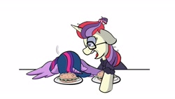 Size: 1920x1080 | Tagged: safe, artist:flutterpawss, derpibooru import, moondancer, twilight sparkle, twilight sparkle (alicorn), alicorn, pony, unicorn, burger, clothes, duo, ears, female, floppy ears, food, glasses, mare, open mouth, simple background, sleeping, sweater, white background, worried