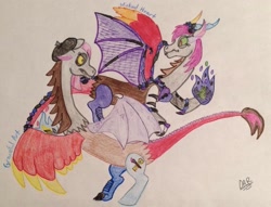 Size: 2044x1564 | Tagged: safe, artist:gracefulart693, derpibooru import, oc, oc only, draconequus, beret, draconequus oc, duo, hat, horns, rearing, signature, traditional art, wings