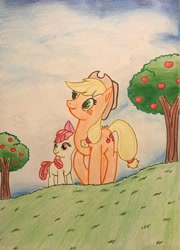 Size: 2408x3344 | Tagged: safe, artist:gracefulart693, derpibooru import, apple bloom, applejack, earth pony, pony, apple, apple tree, bow, duo, female, filly, foal, freckles, hair bow, hat, mare, outdoors, siblings, sisters, smiling, traditional art, tree